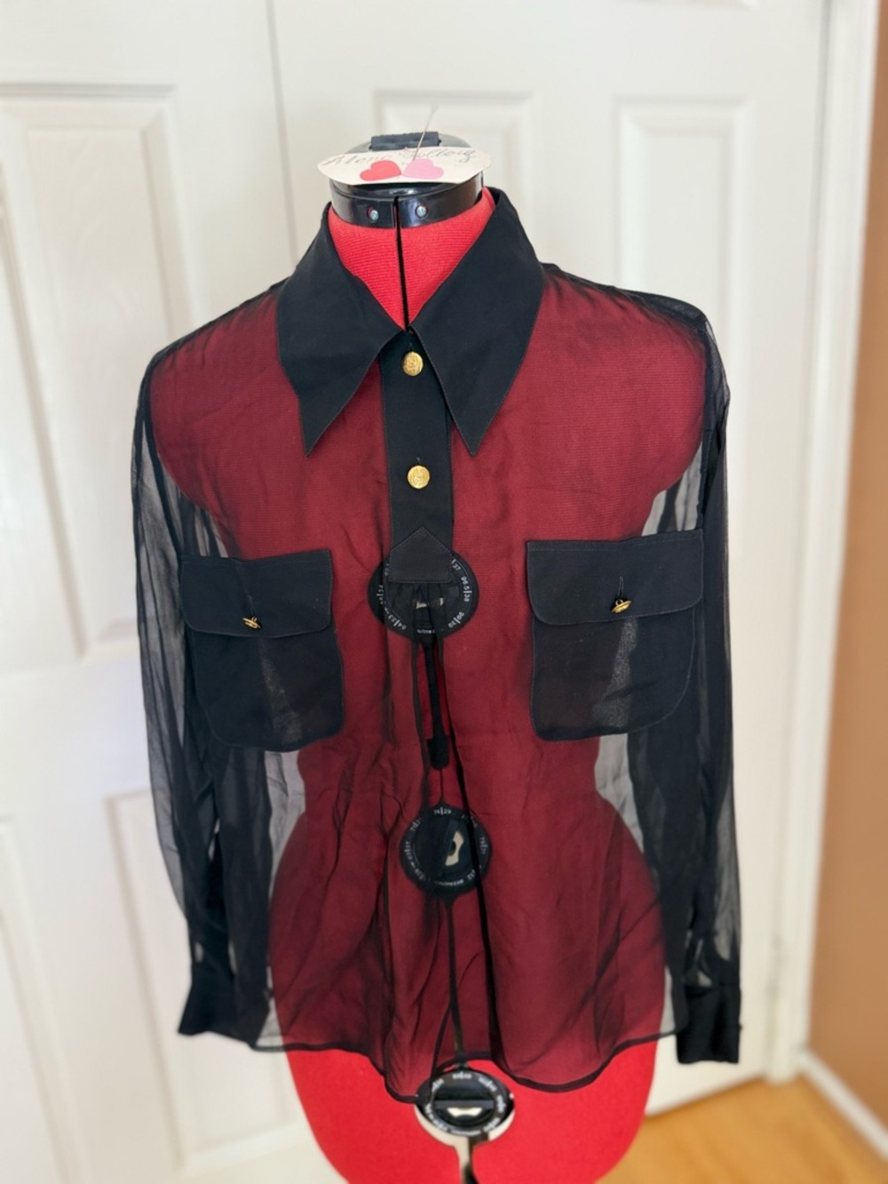 🔥CHANEL🔥Boutique 1994(94A) Sheer Silk Blouse Black Gold CC Buttons Size 40